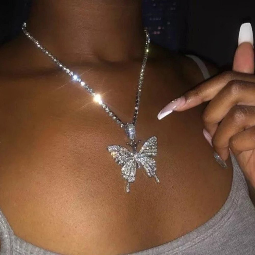 New Butterfly Pendant Necklace Rhinestone Chain Crystal
